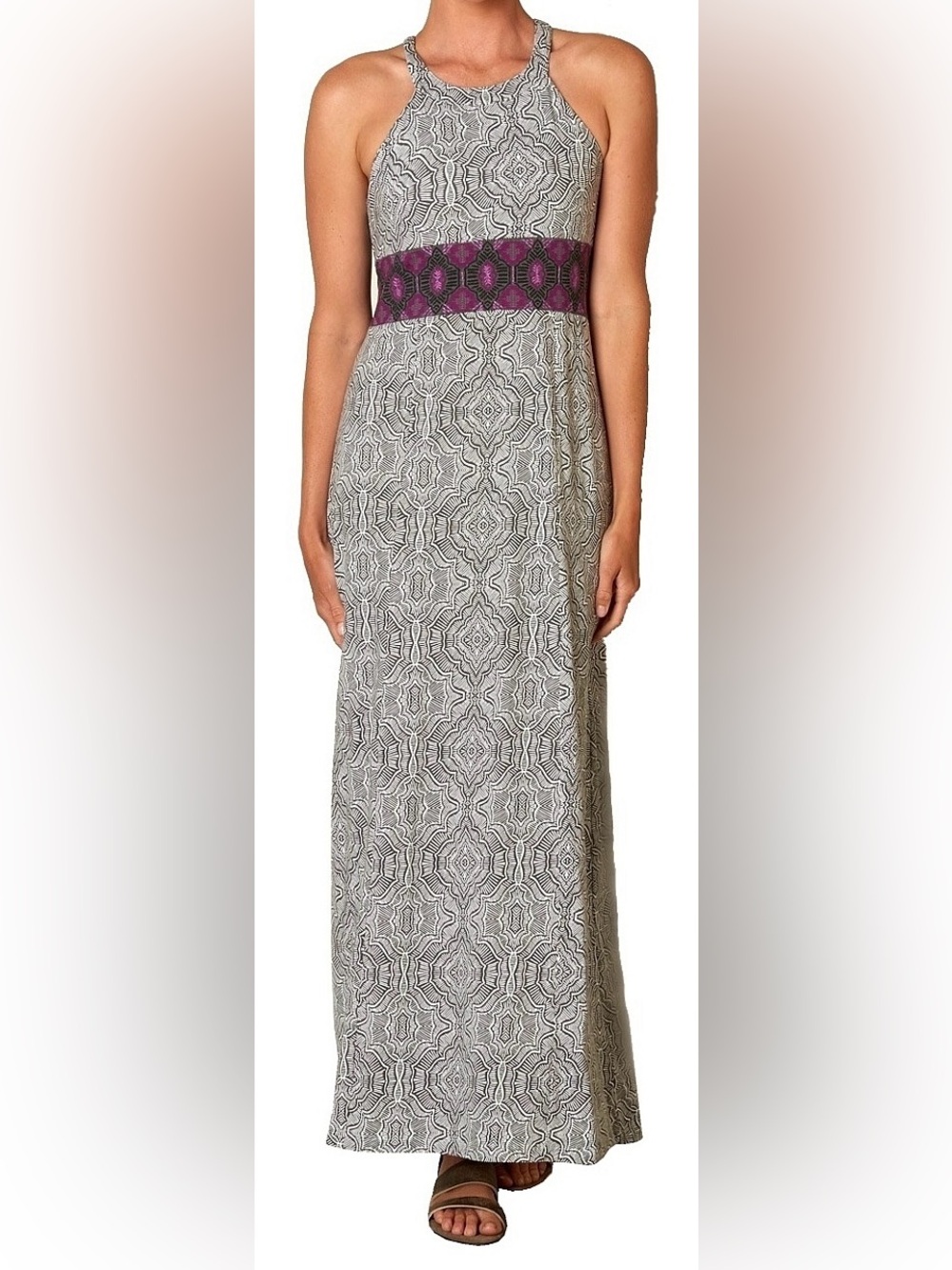 Prana Skye Maxi Dress Gray Purple Printed Built-In Bra Size S